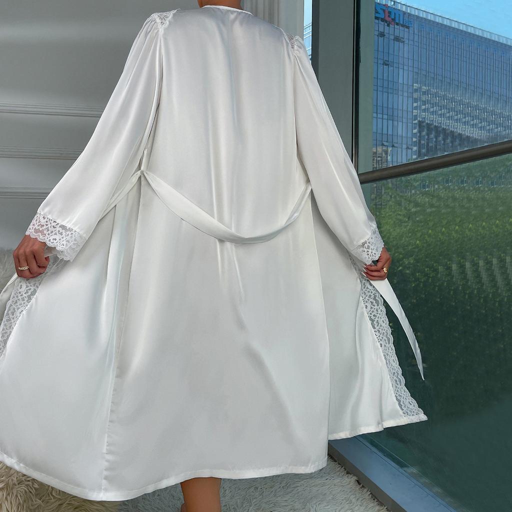 New Satin Pajamas Women's Lace Light Luxury Long-sleeved Cool Nightgown Bathrobe Women's Clothing