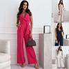 Women Summer Casual V-Neck Sleeveless High Waist Slim Solid Color Belt Wide Leg Trousers Jumpsuit S-XXL