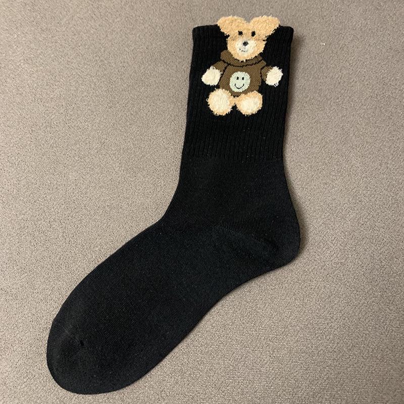 Женские модные носки средней длины с плюшевым медведем и цветком, осень/зима - Кофейный/черный