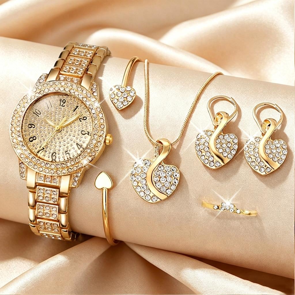 Xiaomi 6PCS Luxury Rhinestone Women Watch Heart Jewelry Set Fashion Arabic Dial Ladies Quartz Wristwatches Relogio Feminino Clock Gift