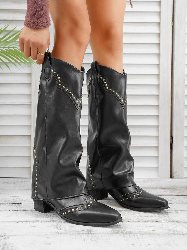 Модные женские осенние новые женские ботинки большого размера на среднем каблуке, модные ботинки в британском стиле с заклепками и ботфорты до колена