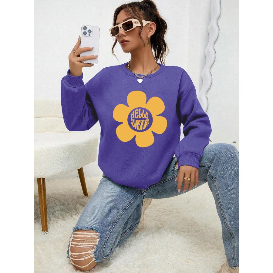 Hello Sunshine Big Yellow Flower Printed Hoodie Women Autumn Casual Pullovers Fleece Simple Sweatshirt Crewneck Female Tops