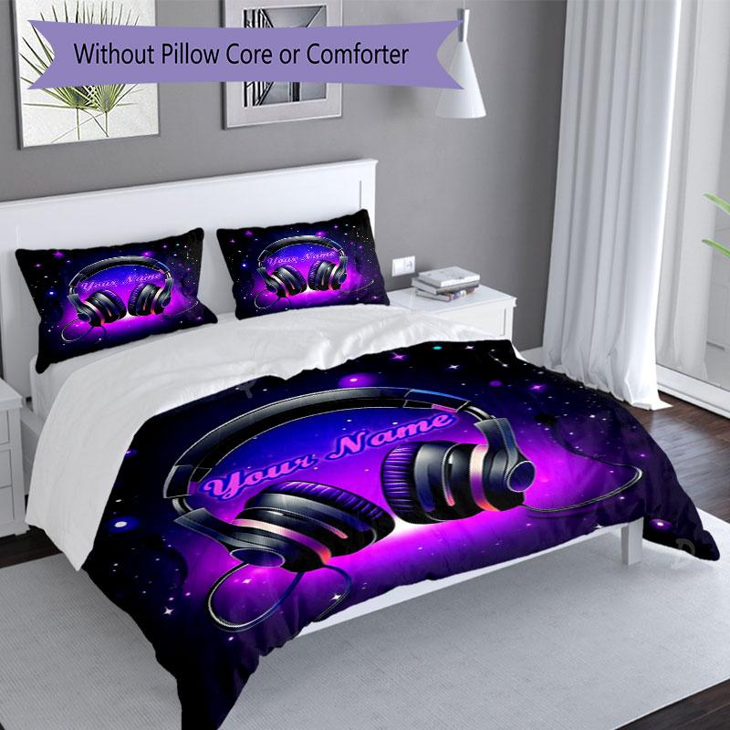 3pcs Custom Name Music Headphones Night Theme Bedding Set Printed Bedding Set Duvet Cover Closure Includes 1 Duvet Cover & 2 Pillowcases Bedroom Decor