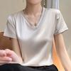Sleeves Large Size V-neck Pullover Solid Color Top Soft Comfortable Short OL Commute Satin Women T-shirt