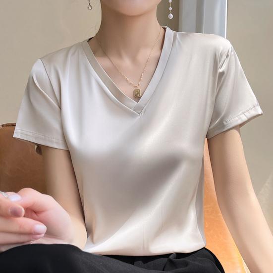 Женский летний топ с V-образным вырезом, однотонный, мягкий, удобный, с короткими рукавами, для повседневной носки, пуловер, для офиса, на работу, атласный женский футболка, женская одежда