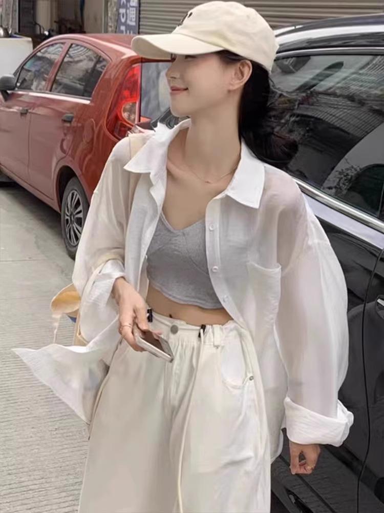 Женская свободная летняя рубашка-кардиган из хлопка и льна с защитой от солнца - Белая, с длинным рукавом