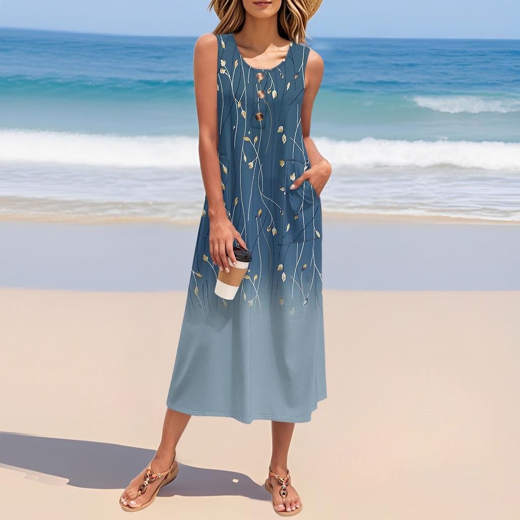 Женское летнее платье с цветочным принтом без рукавов на пуговицах, повседневный свободный длинный пляжный сарафан