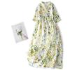 Summer New Cotton and Linen Literary and Retro Buckle Loose Waist Thin Floral Medium and Long Dress Women