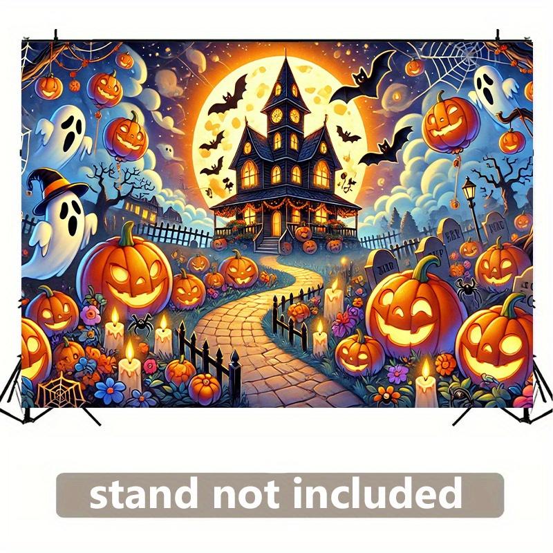 2D flat, 8x6 feet Halloween background banner - Haunted house, with pumpkin lanterns.PMJ