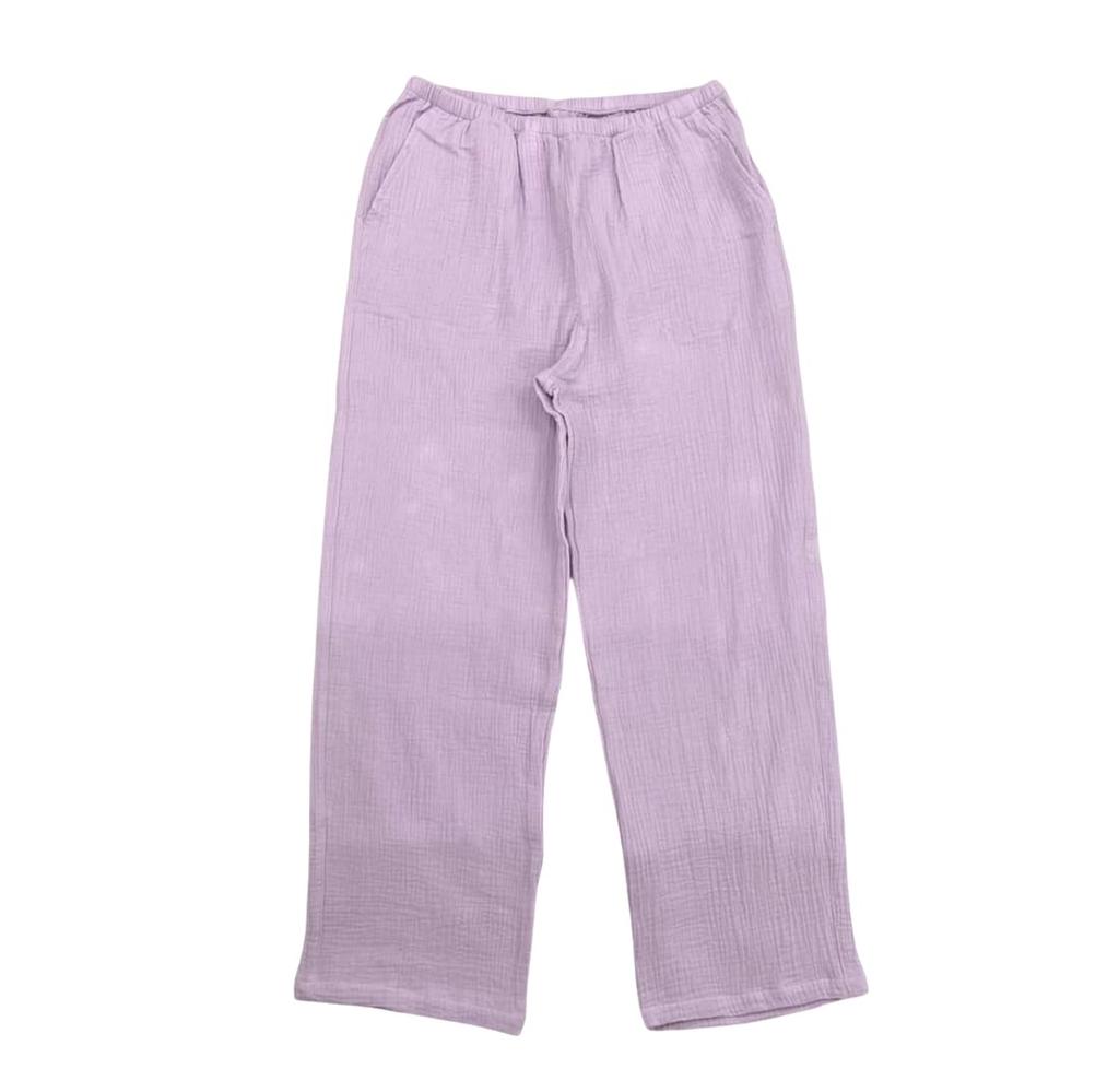 Takihyo Pajama Double Long with Pants Purple Women's Set, 100% Cotton, Gauze, Wrinkle-Finish, Sleeves, Loungewear, Pockets,