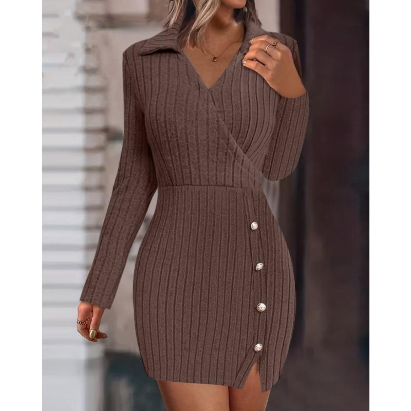 YYFS Women's Fashion Fall Winter Solid Color Print Long Sleeve POLO-Neck Casual Dresses