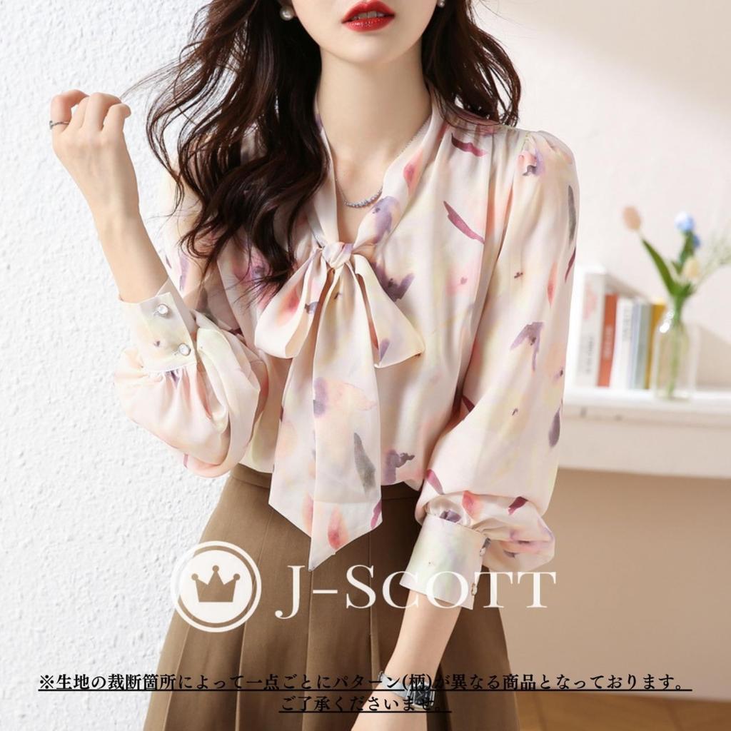 Блузка J-Scott с акварельным цветочным принтом и галстуком-бабочкой, шифон, рукава-фонарики, стильные пуговицы, длинные рукава, женская, белая, JS77-WH-L (Ограниченный запас)