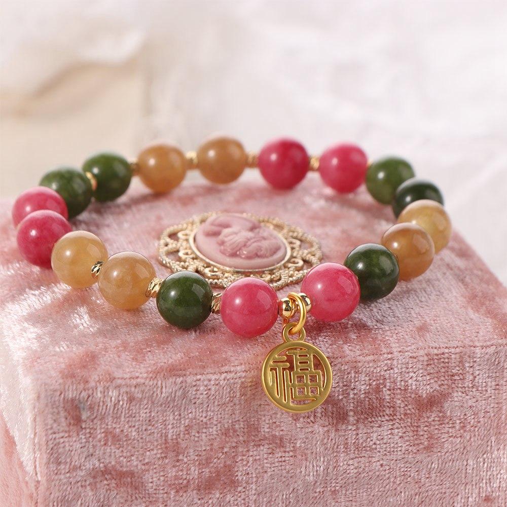 Colorful Stone Beads Bracelet Rabbit Pendant Beaded Hand Bangle Retro Bead String Bracelet Gifts