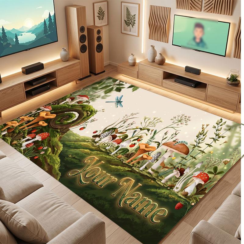 Mushroom Forest Theme Crystal Velvet Floor Rug Personalized Custom Name Text Warm Carpet Home Decoration