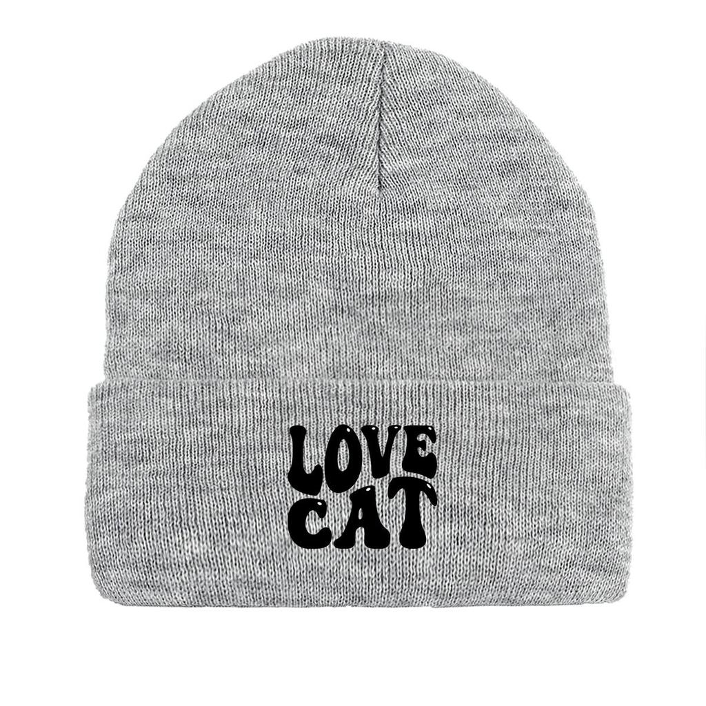 LOVE CAT" Print Knit Cap Beanie, Animal Man Cap Windproof Candy Color Trendy Pompom Beanies Knitted Hat Beanie