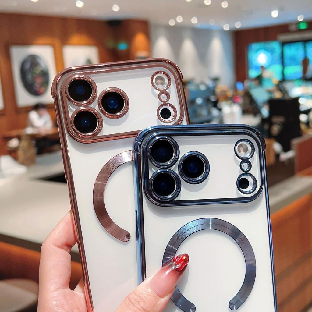 Простой и прозрачный, подходит для iPhone17 PM с магнитной гальванической отделкой, Apple 16Pro/16 полностью закрывающийся мягкий чехол 15.