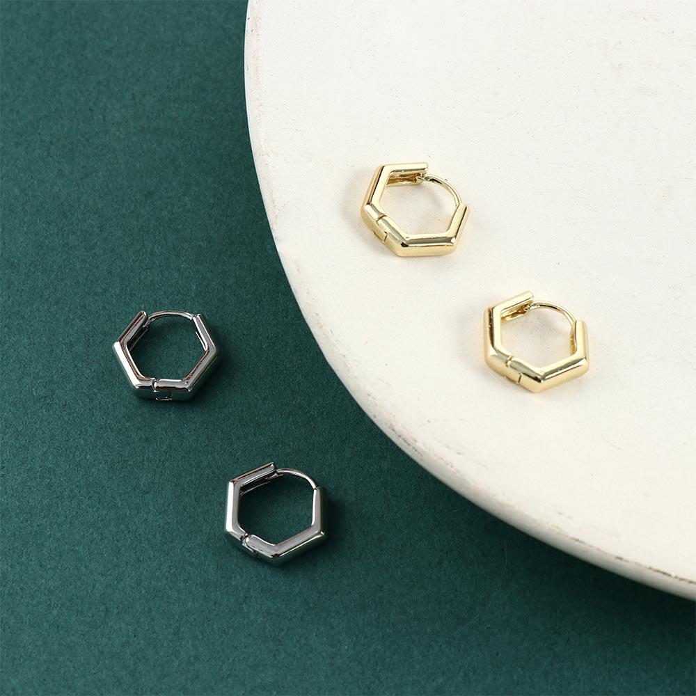 Gold Color Geometric Polygon Glossy Fashion Jewelry Square Earrings Ear Studs Hexagon Hoop Earrings