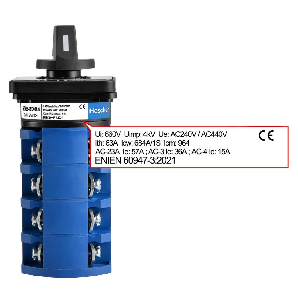 Heschen Universal Rotary Cam Selector Changeover 660V 3 Position 4 Phase 16 CE Switch, SZW26-63/D404.4, 63A, ON-OFF-ON, 4NO+4NC Terminals,