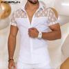 Men Lace Patchwork T-shirt Summer Short Sleeves Buttons Down See-through Tops Mesh Shirt Men Clothing