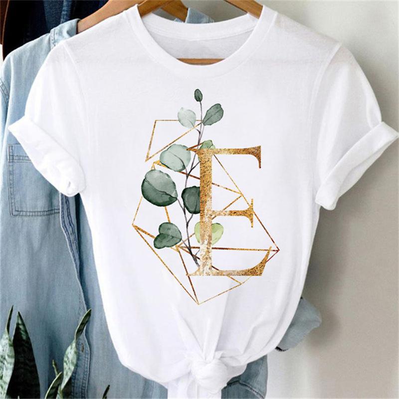 Custom Name Letter Combination Women T Shirt Floral Gold Letter Font A B C D Print Short Sleeve Tee Tops Female T-shirt Clothes