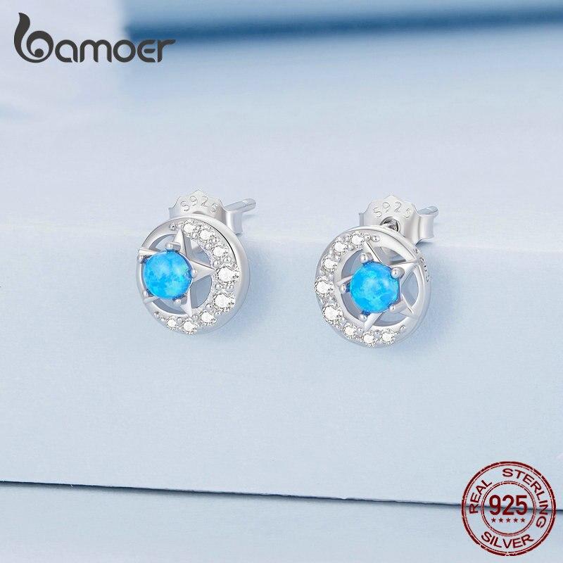 Серьги-гвоздики BAMOER из стерлингового серебра 925 пробы со звездами и луной, серьги-гвоздики с фианитом для женщин, подарок на день рождения, ювелирные изделия с платиновым покрытием