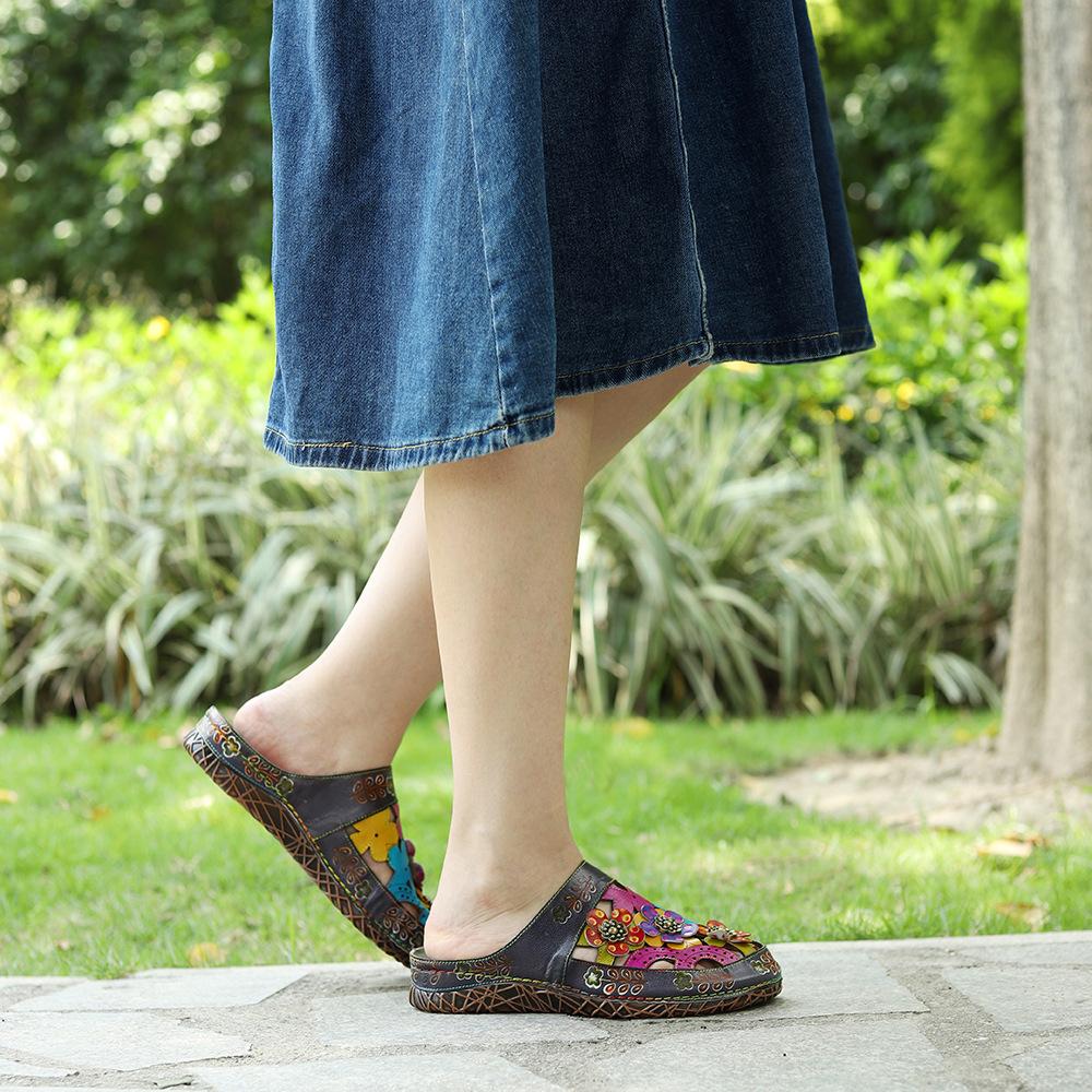 Johnature Тапочки Женская обувь Натуральная кожа Раскрашенные вручную наружные шлепанцы Сандалии ручной работы на плоской подошве с цветами