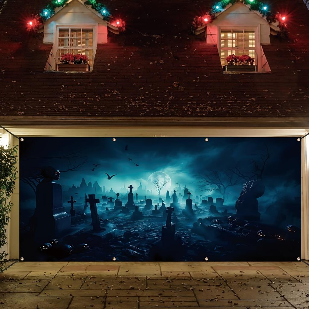 Halloween garage door banner background, full moon horror cemetery landscape with bats, polyester, holiday wall decoration