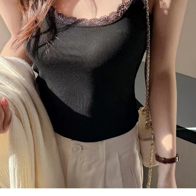 Women's Modal Slim Fit Sleeveless Bottoming Shirt with Lace Edge - Scoop Neck, Thin Section for Spring and Summer