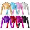 Kids Girls Sequins Shiny Crop Top Long Sleeve Mock Neck Athletic Shirts Jazz Hip-hop Dance Tops