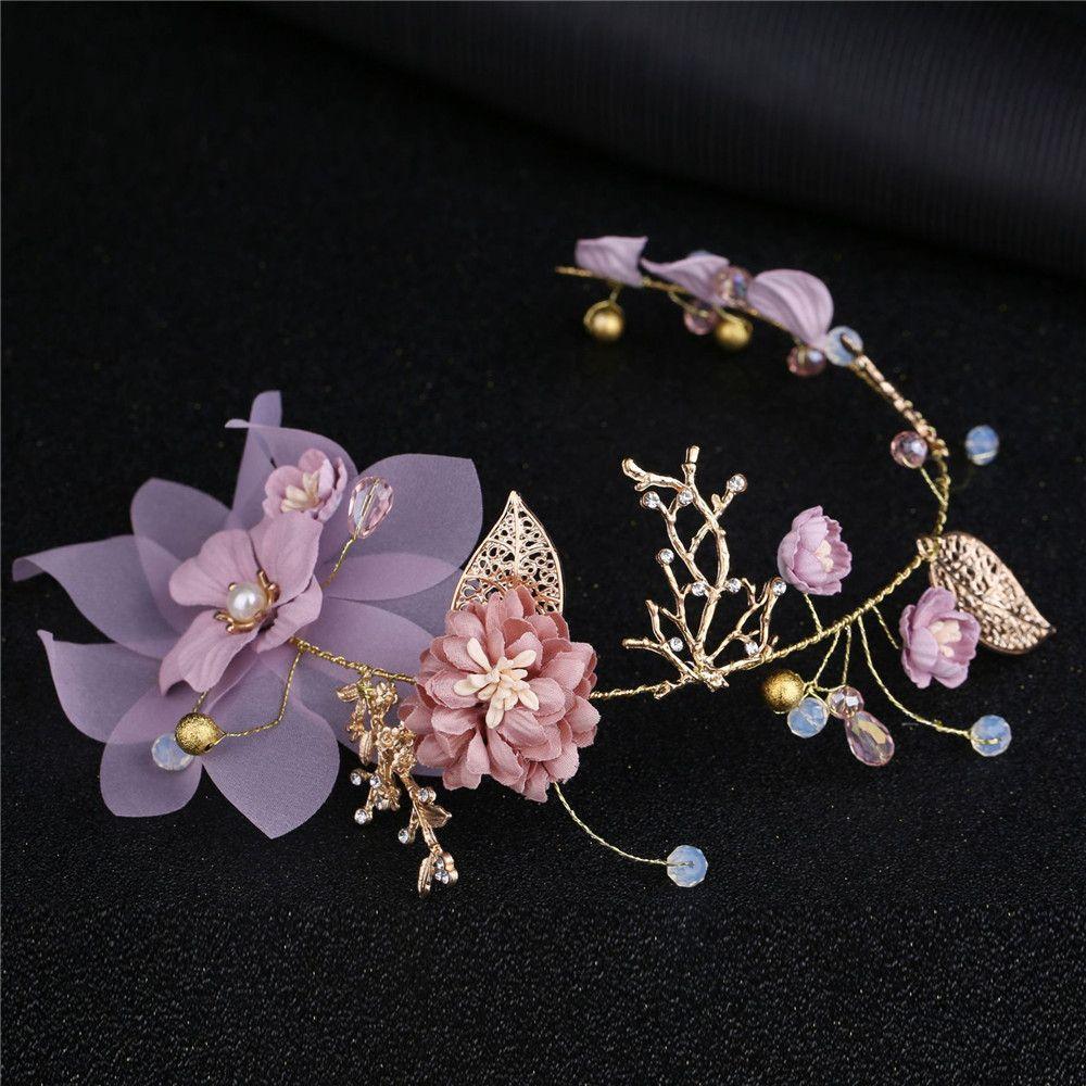 Hair Jewelry Headpiece Crown Headdress Purple Flower Tiara Bride Headwear Pearl Hair Band