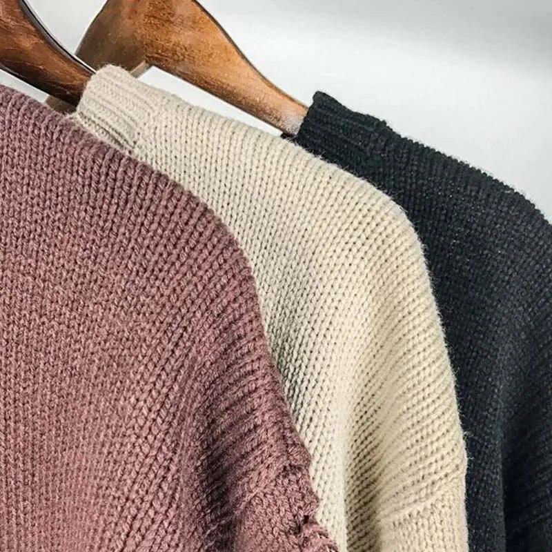 Khaki Ripped Loose Sweater Knitted Pullover Cutout Beggar Round Neck Long Sleeves Simple Casual Men and Women Spring Autumn