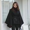 Women's Mid-Length Wool Cape Coat - Thick, Loose, Lace-Up Shawl for Winter