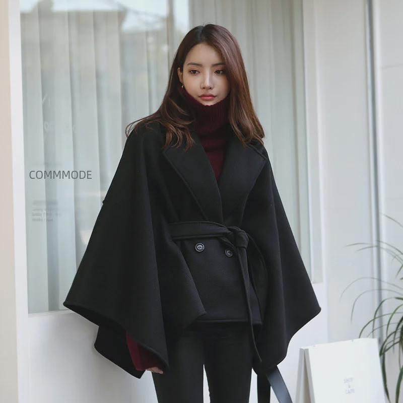 Women's Mid-Length Wool Cape Coat - Thick, Loose, Lace-Up Shawl for Winter
