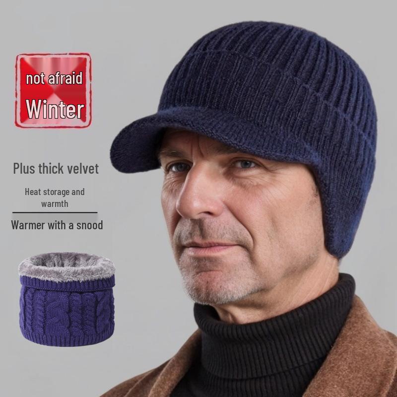 Мужская зимняя ветрозащитная вязаная шерстяная шапка на флисовой подкладке с защитой ушей