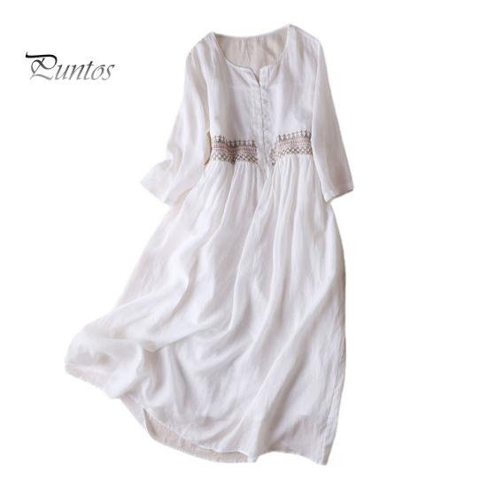 Женское весенне-летнее платье с круглым вырезом в этническом стиле с вышивкой и длинным рукавом с высокой талией трапециевидной формы, полуоднобортное сплошное цветное двухслойное платье миди