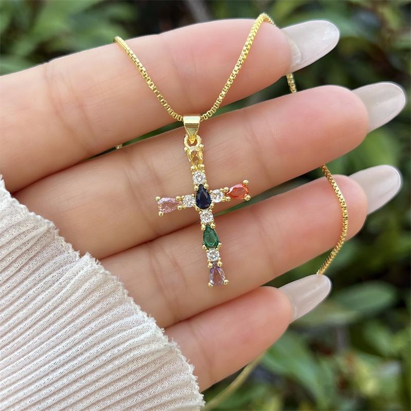 18K Gold-plated Copper Zircon Water Drop Cross Necklace, Classic and Simple Style, Daily Waterproof and Non Fading Pendant
