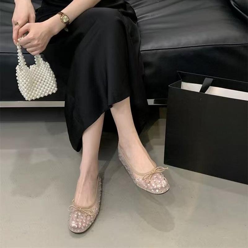 Fashion Bling Rhinestone Mesh Ballet Flats for Women Fashion Round Toe Bowknot Breathable Mary Jane Shoes Elegant Dress Flat Sandals