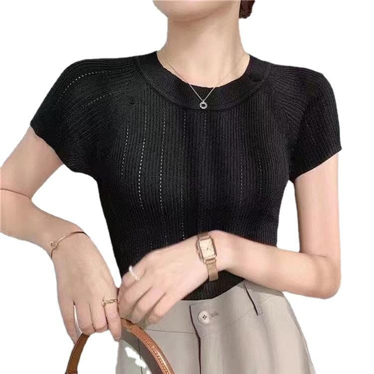 Ageing Round Neck Hollow Vertical Stripes Short-sleeved Knit Shirt Summer Simple Youth Thin Tops Women Casual Essential Slim Fit Pullovers Tees