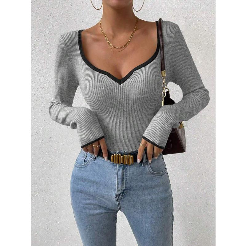 Женский свитер с V-образным вырезом и полосатым низом, сексуальный, однотонный