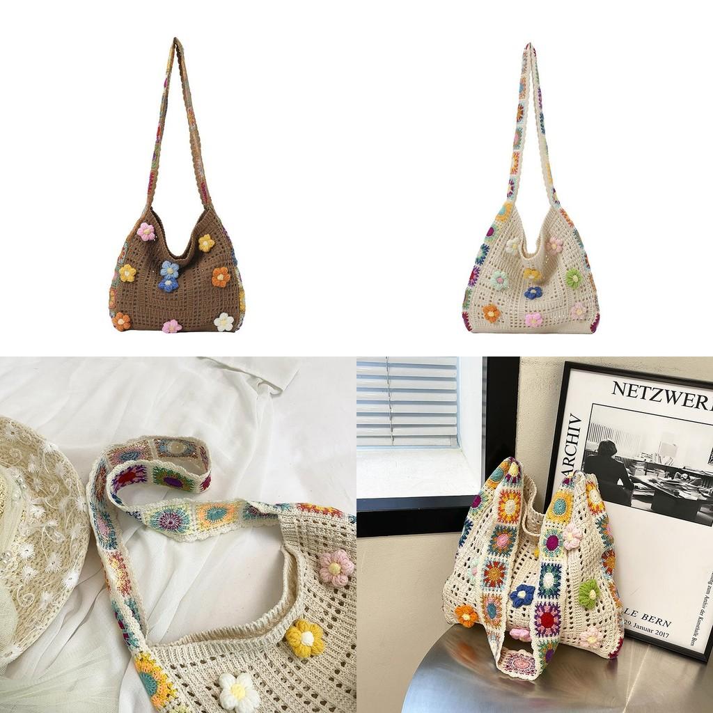 Boho Style Handcrafted Beach Bag With Flower Decoration For Daily Use