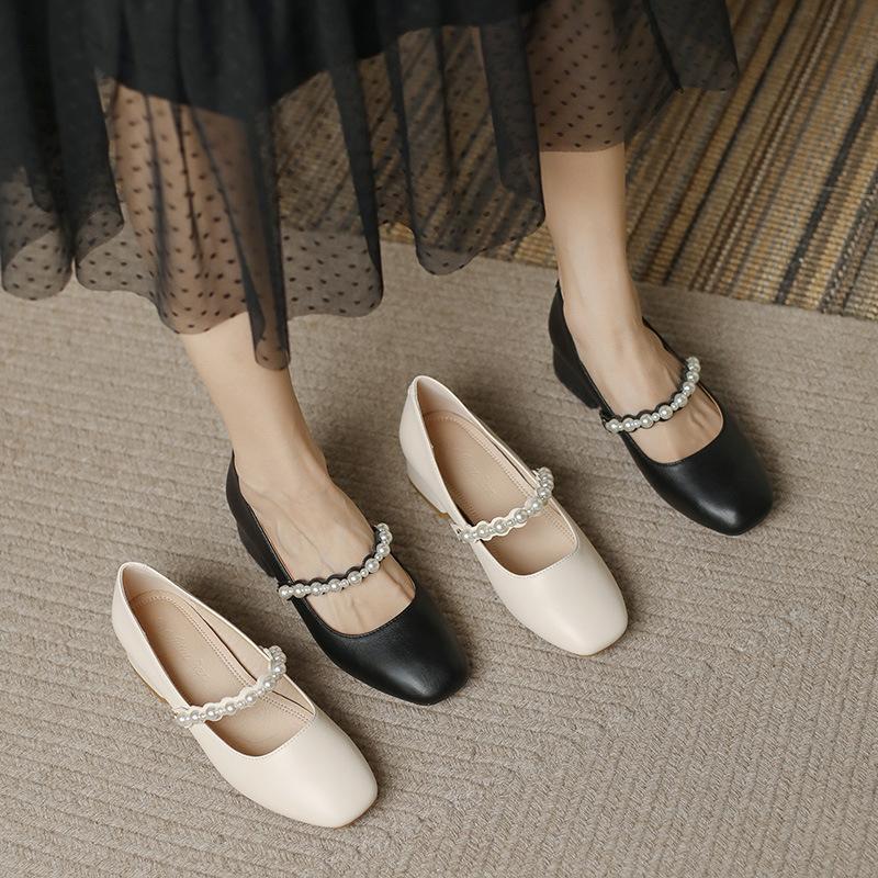 Квадратный носок жемчужное слово с туфлями Мэри Джейн на высоком каблуке женские год ретро толстый каблук одинарные туфли женские