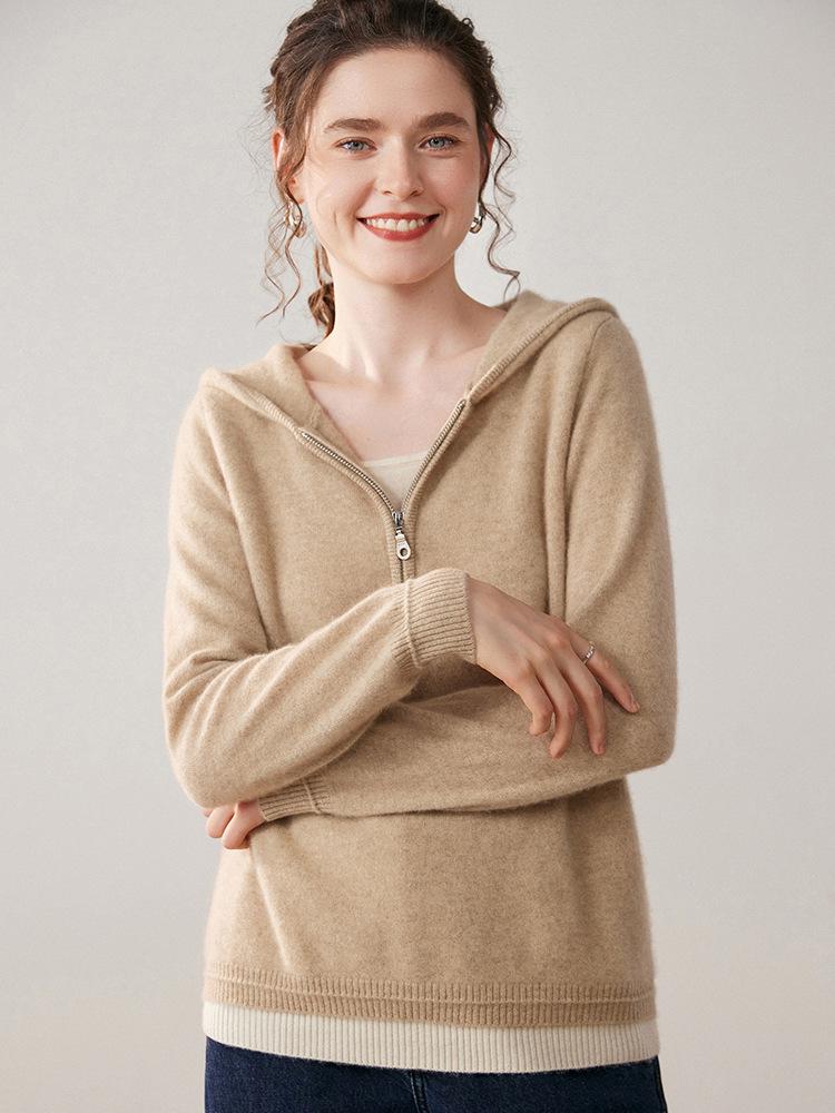 Women's Faux Two-Piece Hooded Cashmere Cardigan - Autumn/Winter Knit Outerwear Sweater