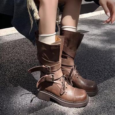 Версия из овчины~ Кожаные ботинки Мартина в британском стиле на толстом каблуке 4,5 см, женские, новые, с пряжкой-ремнем, на платформе, в стиле вестерн, рыцарские