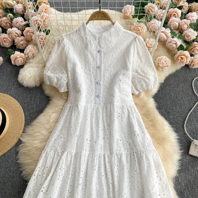 New Elegant Hollow Out Embroidered Polo Bubble Sleeves Loose Bohemian Vacation Dress Womecasual Dresses for Women