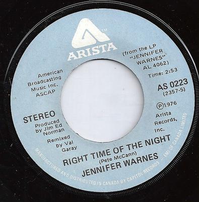 7-дюймовая пластинка ДЖЕННИФЕР УОРНС - Right Time Of The Night / Daddy Don AS0223 Arista 1976 Канада Рок Б/У
