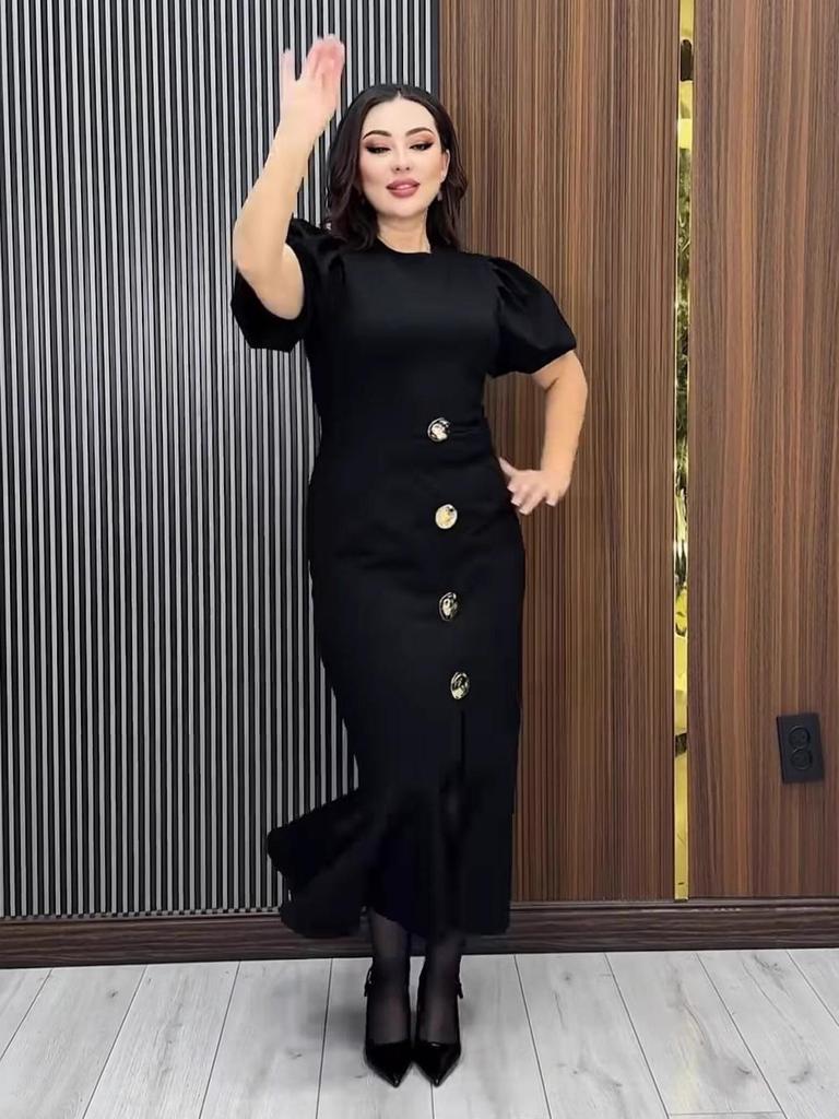 Элегантное платье-рыбка Осень 2025 - Однотонное, С коротким рукавом, Облегающее, С круглым вырезом