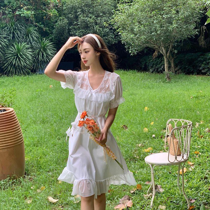 Gentle Dress for Women In Summer Japanese Soft Girl Sweet Bow Round Neck Mesh Short Sleeve White Midi Skirt