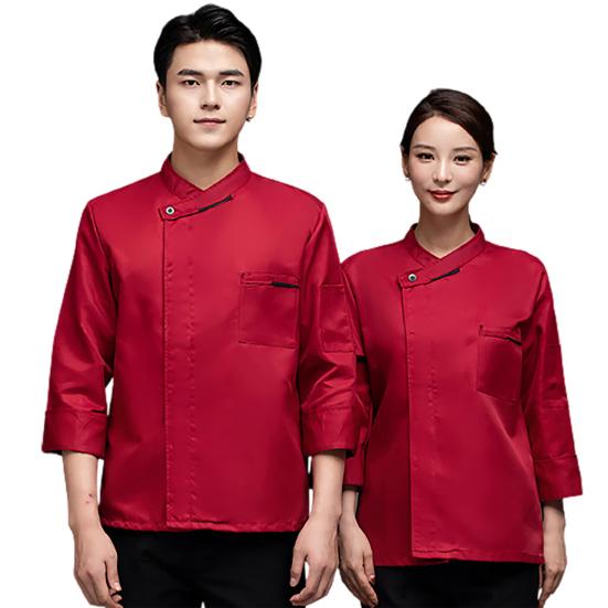 Solid Color Long Sleeve Stand Collar Patch Pocket Chef Top Restaurant Hotel Kitchen Unisex Cooking Clothes