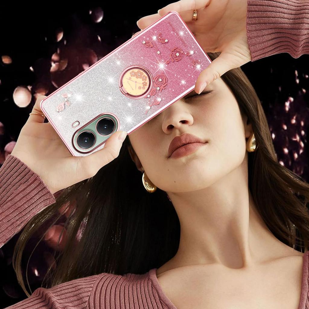 For Xiaomi Poco X7 Pro 5G/Redmi Turbo 4 5G Case Ring Kickstand TPU Flowers Phone Cover Gradient Glitter