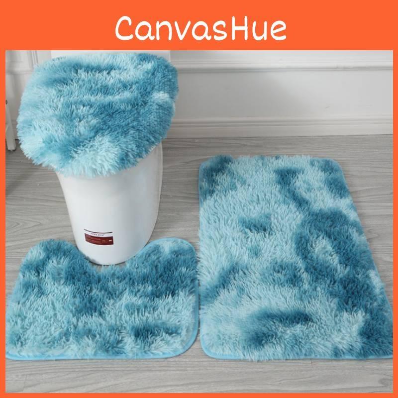 Non Dye Tie Slip Mat Fluffy Plush Bathroom Toilet Seat Cover Carpet 3 Set Piece